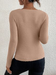 SHEIN Essnce Solid Rib Knit V Neck Jumper - Khaki - View 2