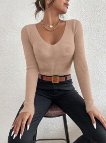 SHEIN Essnce Solid Rib Knit V Neck Jumper - Khaki - View 3