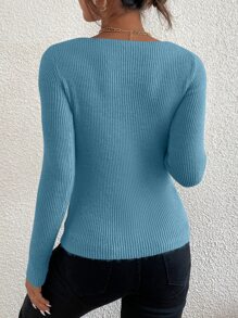 Chiquease Solid Rib Knit V Neck Jumper - Cadet Blue - View 2