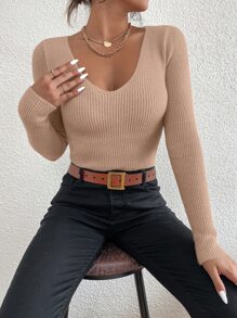 SHEIN Essnce Solid Rib Knit V Neck Jumper - Khaki - View 4