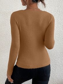 SHEIN Essnce Jersey unicolor tejido de canalé de cuello V - Camel - Ver 2