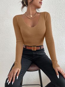 SHEIN Essnce Jersey unicolor tejido de canalé de cuello V - Camel - Ver 3
