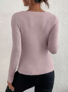 Elyressa Solid Rib Knit V Neck Jumper - Mauve Purple - View 2
