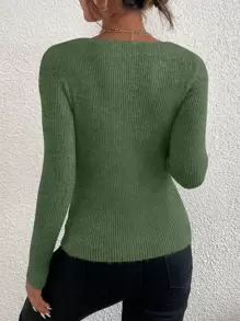 EMERY ROSE Solid Rib Knit V Neck Sweater,Long Sleeve Tops Knit Pullover Fall Winter Outfit - Army Green - View 2