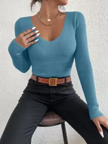 Chiquease Solid Rib Knit V Neck Jumper - Cadet Blue - View 5