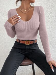 Elyressa Solid Rib Knit V Neck Jumper - Mauve Purple - View 4