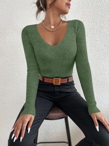 EMERY ROSE Solid Rib Knit V Neck Sweater,Long Sleeve Tops Knit Pullover Fall Winter Outfit - Army Green - View 3