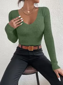 EMERY ROSE Solid Rib Knit V Neck Sweater,Long Sleeve Tops Knit Pullover Fall Winter Outfit - Army Green - View 4