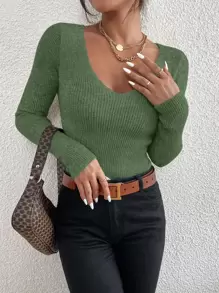 EMERY ROSE Solid Rib Knit V Neck Sweater,Long Sleeve Tops Knit Pullover Fall Winter Outfit - Army Green - View 5