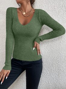 EMERY ROSE Solid Rib Knit V Neck Sweater,Long Sleeve Tops Knit Pullover Fall Winter Outfit - Army Green - View 6