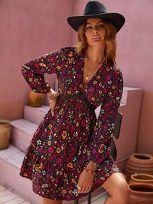 Rusttydustty 印花水溶蕾絲拼接燈籠袖荷葉邊連衣裙 - 彩色 - 查看 1