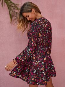 Rusttydustty 印花水溶蕾絲拼接燈籠袖荷葉邊連衣裙 - 彩色 - 查看 2