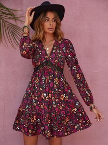 Rusttydustty 印花水溶蕾絲拼接燈籠袖荷葉邊連衣裙 - 彩色 - 查看 4