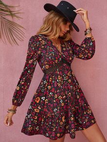 Rusttydustty 印花水溶蕾絲拼接燈籠袖荷葉邊連衣裙 - 彩色 - 查看 5