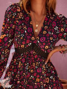 Rusttydustty 印花水溶蕾絲拼接燈籠袖荷葉邊連衣裙 - 彩色 - 查看 6