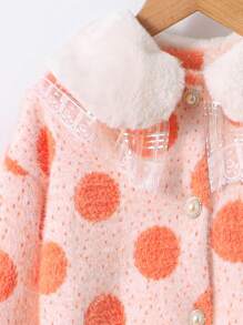 Toddler Girls Polka Dot Pattern Borg Collar Drop Shoulder Tweed Overcoat - Baby Pink - View 3