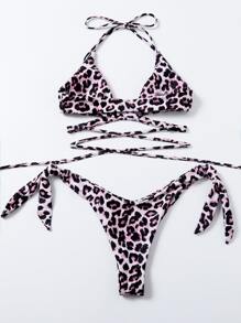 Conjunto De Bikini Con Lazo Lateral Cruzado De Leopardo Playa De Verano - Multicolor - Ver 2