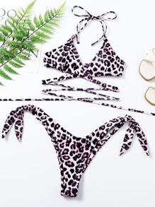 Conjunto De Bikini Con Lazo Lateral Cruzado De Leopardo Playa De Verano - Multicolor - Ver 6
