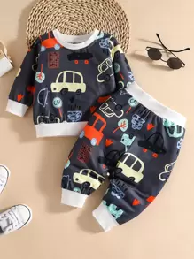 Đứa bé trai Ô tô/xe hơi & Cây in Áo chui đầu và quần thể thao - Màu xanh hải quân - Xem 1