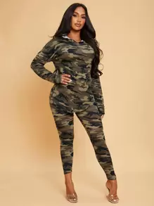SHEIN SXY Camo Print Hoodie & Leggings Set - Multicolor - View 1