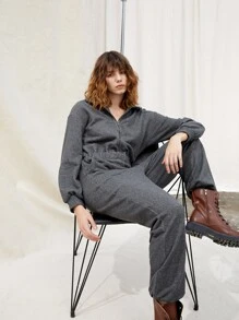 SHEIN Áo liền quần nữ Túi Dây kéo Sọc bên màu trơn Giải trí - Màu xám đen - Xem 1