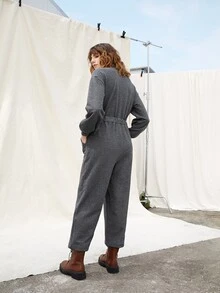 SHEIN Áo liền quần nữ Túi Dây kéo Sọc bên màu trơn Giải trí - Màu xám đen - Xem 2