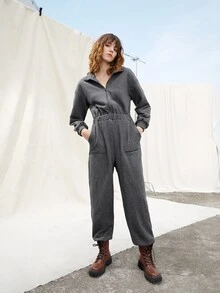 SHEIN Áo liền quần nữ Túi Dây kéo Sọc bên màu trơn Giải trí - Màu xám đen - Xem 3