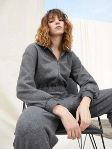 SHEIN Áo liền quần nữ Túi Dây kéo Sọc bên màu trơn Giải trí - Màu xám đen - Xem 4