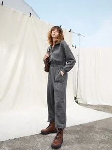 SHEIN Áo liền quần nữ Túi Dây kéo Sọc bên màu trơn Giải trí - Màu xám đen - Xem 5