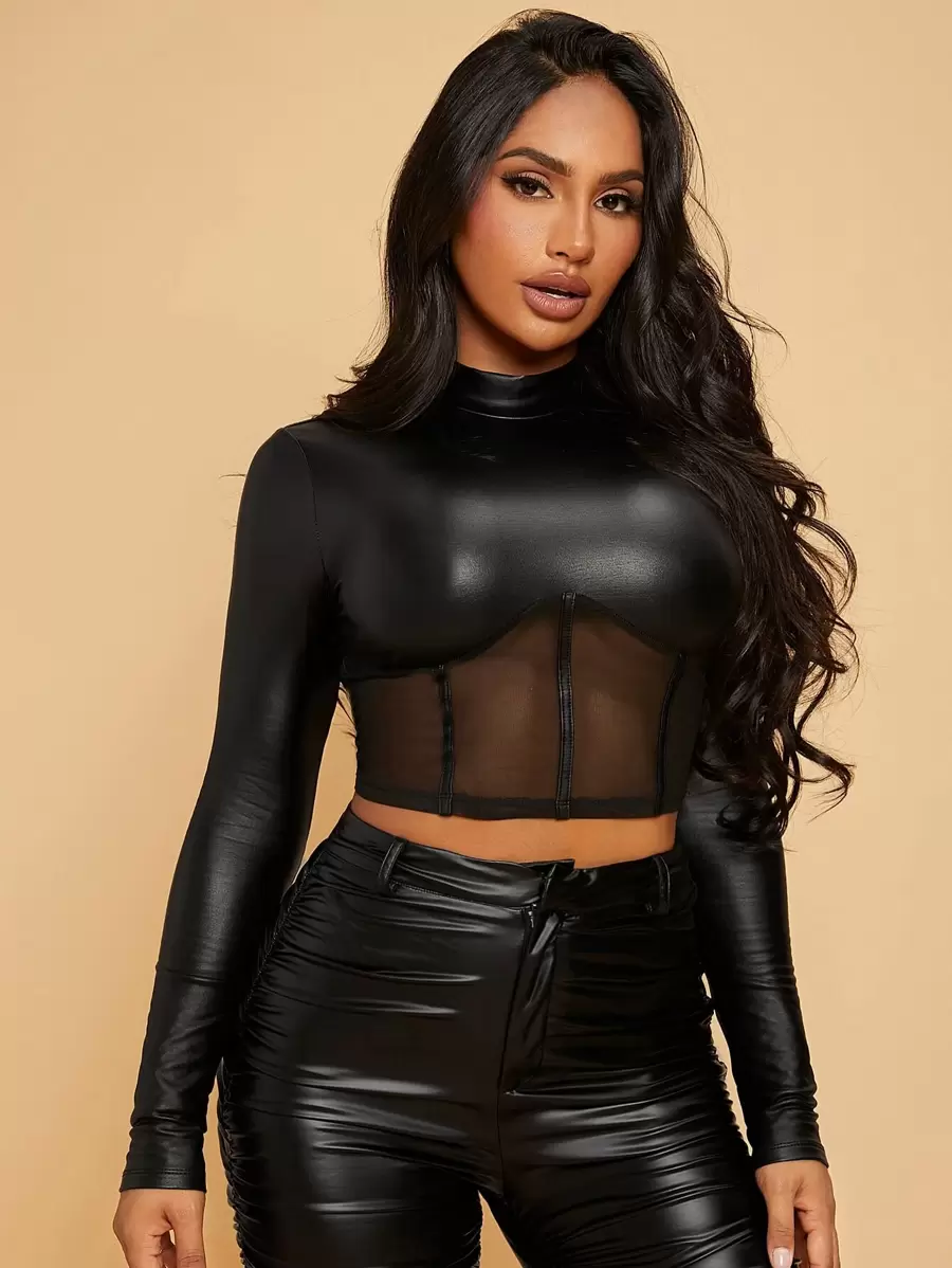 SHEIN SXY Stand Collar Contrast Mesh Crop PU Leather Tee - Black - View 1