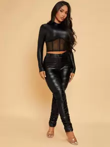 SHEIN SXY Stand Collar Contrast Mesh Crop PU Leather Tee - Black - View 5