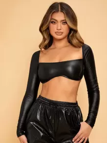 SHEIN SXY Áo crop top da PU cổ vuông không đối xứng viền - màu đen - Xem 4