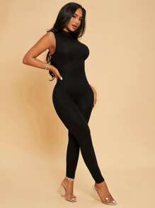 SHEIN SXY Solid Mock Neck Unitard Jumpsuit - Black - View 3