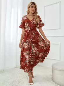 EMERY ROSE Floral Print Flounce Sleeve Ruffle Hem Belted Dress - Multicolor - View 3