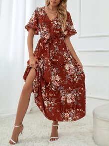 EMERY ROSE Floral Print Flounce Sleeve Ruffle Hem Belted Dress - Multicolor - View 5