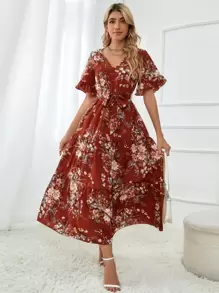 EMERY ROSE Floral Print Flounce Sleeve Ruffle Hem Belted Dress - Multicolor - View 6