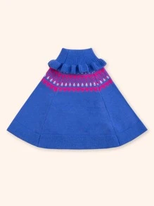 Toddler Girls Geo Pattern Halter Neck Ruffle Trim Knit Poncho - Blue - View 2
