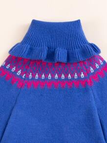 Toddler Girls Geo Pattern Halter Neck Ruffle Trim Knit Poncho - Blue - View 3