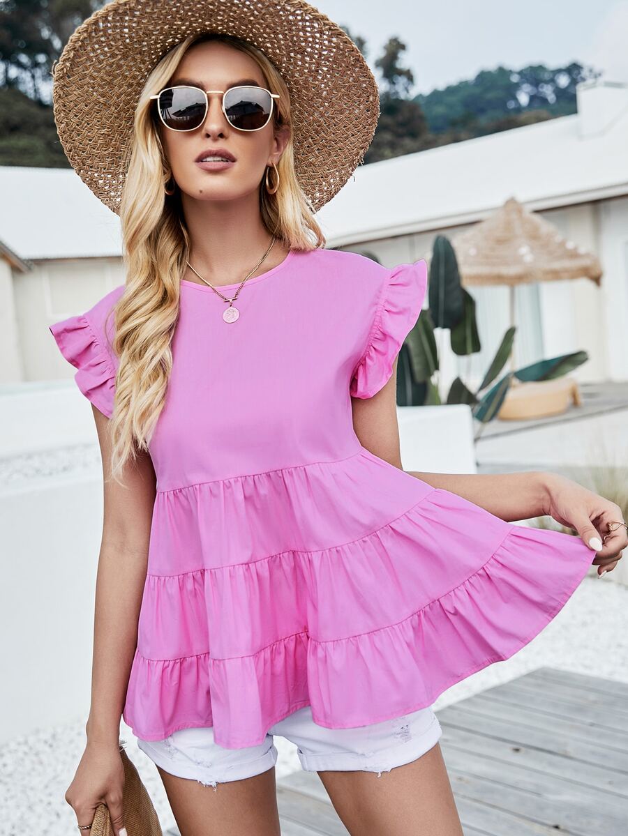 Keyhole Back Ruffle Detail Ruffle Hem Top - Hot Pink - View 1