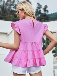 Keyhole Back Ruffle Detail Ruffle Hem Top - Hot Pink - View 2