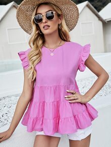 Keyhole Back Ruffle Detail Ruffle Hem Top - Hot Pink - View 3