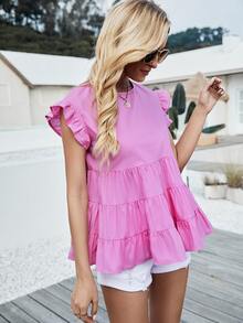 Keyhole Back Ruffle Detail Ruffle Hem Top - Hot Pink - View 4