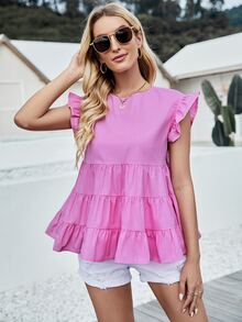 Keyhole Back Ruffle Detail Ruffle Hem Top - Hot Pink - View 6