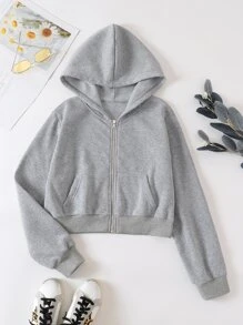 INAWLY Solid Zip Up Drop Shoulder Thermal Lined Crop Hoodie - Grey - View 1