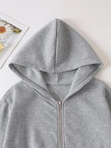 INAWLY Solid Zip Up Drop Shoulder Thermal Lined Crop Hoodie - Grey - View 3