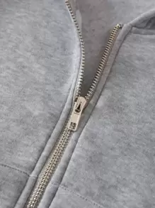 INAWLY Solid Zip Up Drop Shoulder Thermal Lined Crop Hoodie - Grey - View 4