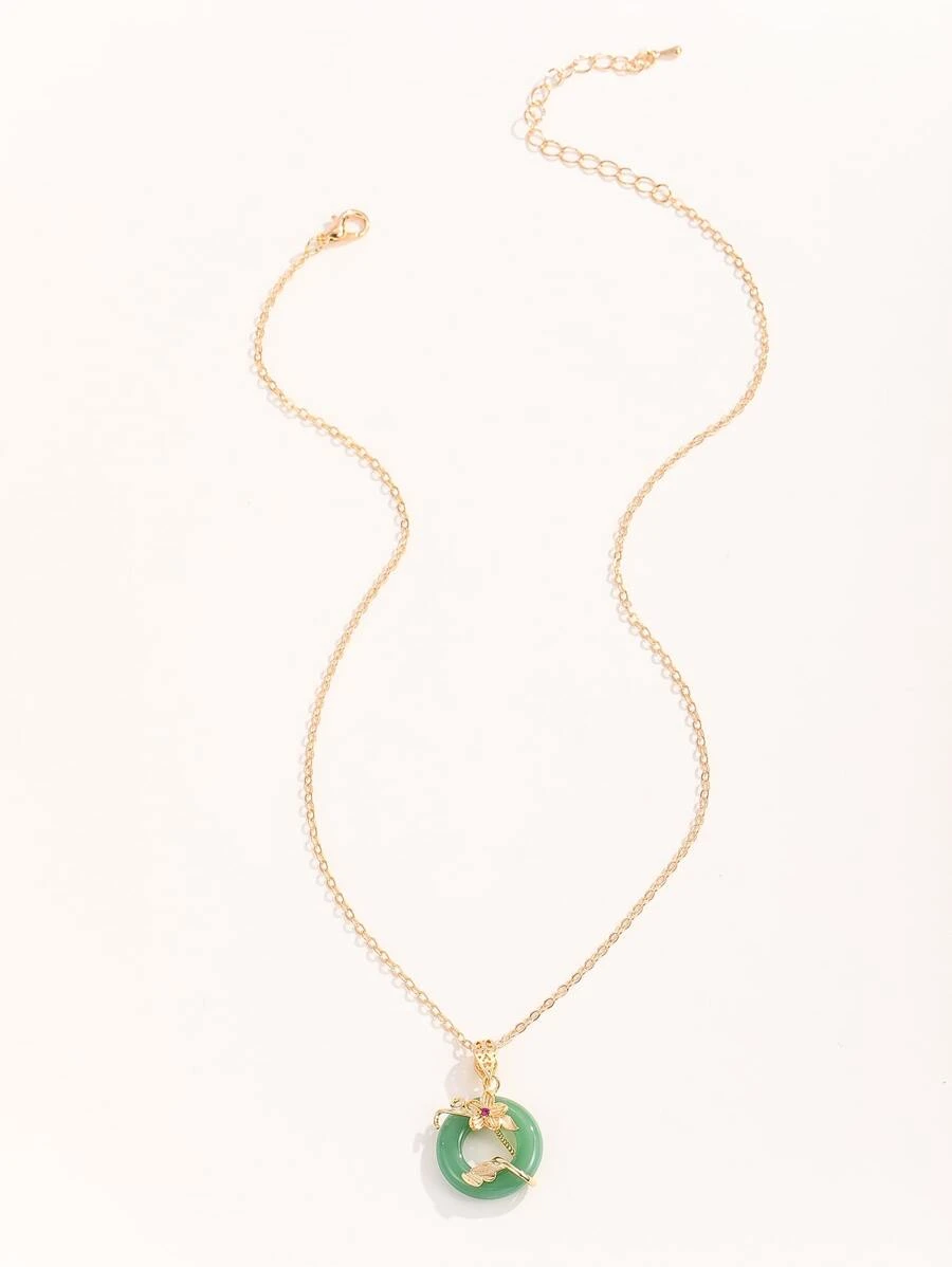 花細節圓形吊墜項鍊 - 綠色 - 查看 1