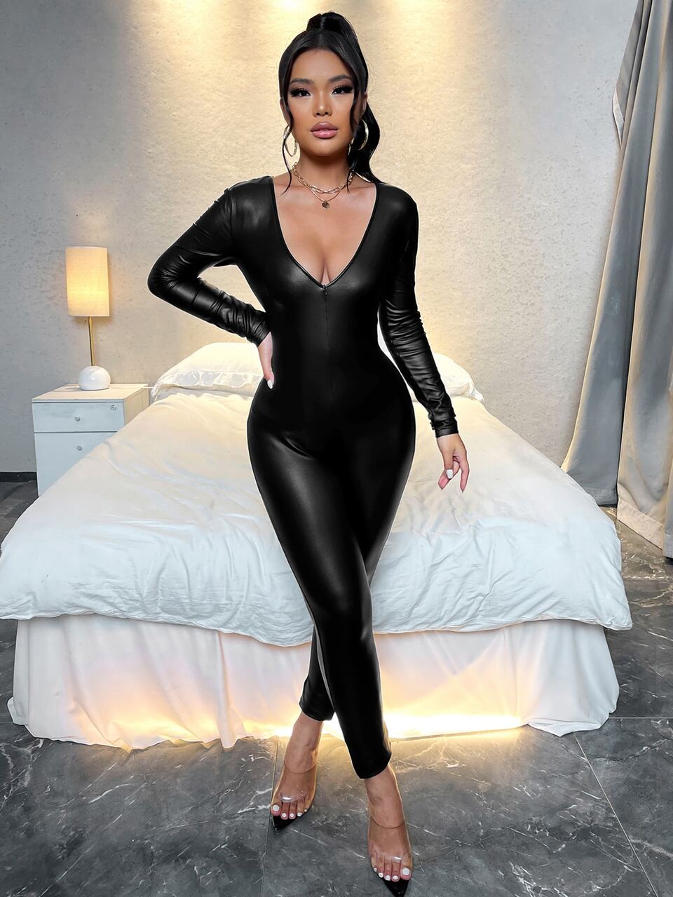 Solid Plunging Neck Leather Look Jumpsuit