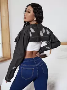 SHEIN SXY 超短版牛仔夾克 - 深灰色 - 查看 2