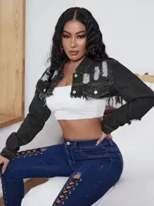 SHEIN SXY 超短版牛仔夾克 - 深灰色 - 查看 3